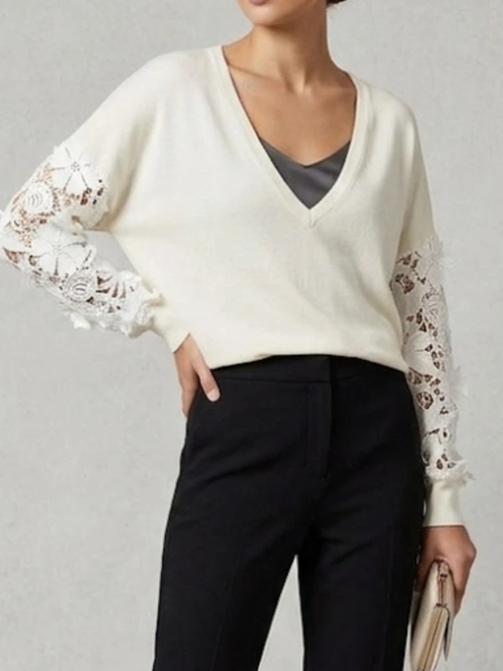 Women's Cream V-Neck Sweater with Lace Sleeves